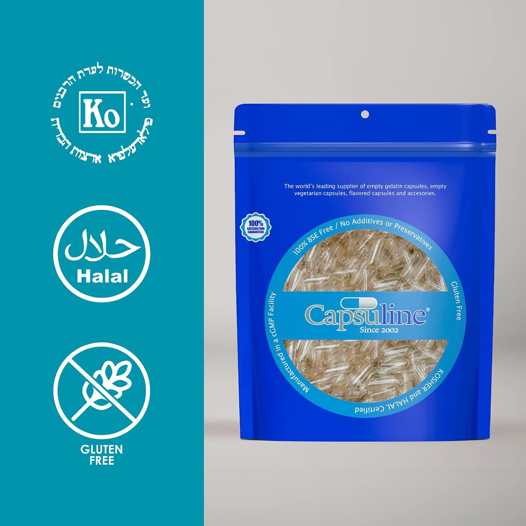 Capsuline Cápsulas de Gelatina Vacías Tamaño 00 - Claras, Kosher, Halal, No OGM (500 uds)