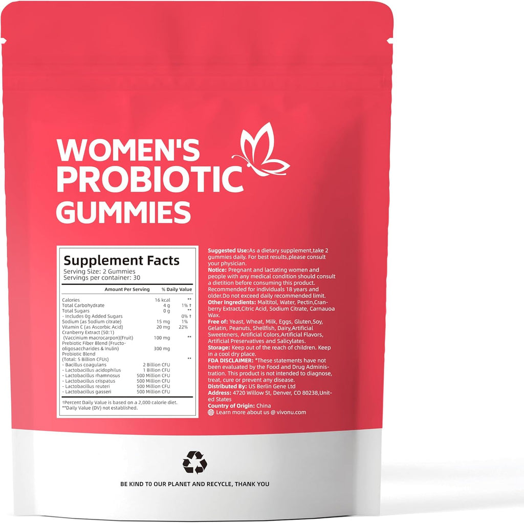 VivoNu Probióticos Femeninos en Gominolas - Equilibrio Vaginal y Digestivo - 60 Gominolas de Arándano Rojo