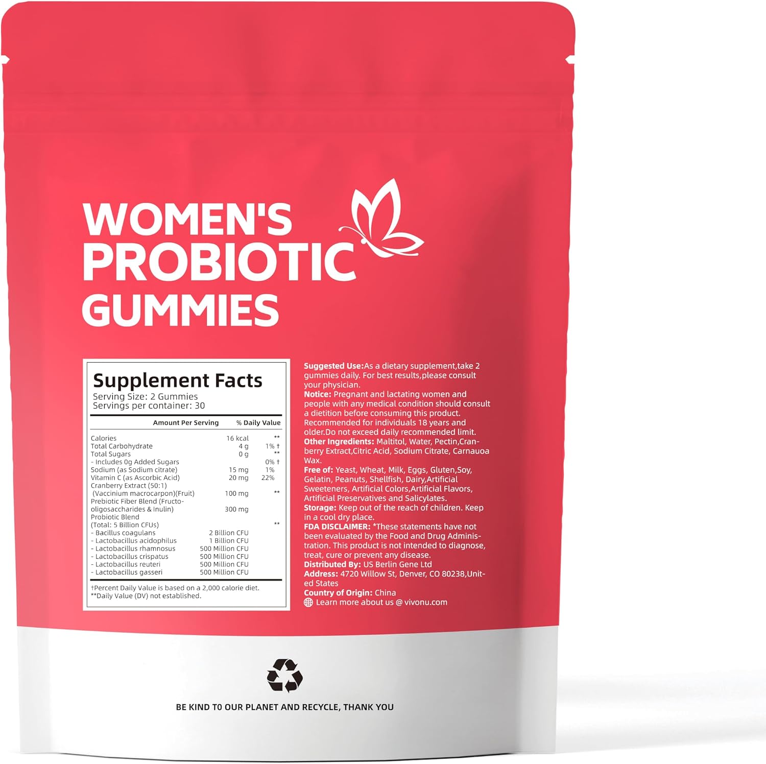 VivoNu Probióticos Femeninos en Gominolas - Equilibrio Vaginal y Digestivo - 60 Gominolas de Arándano Rojo