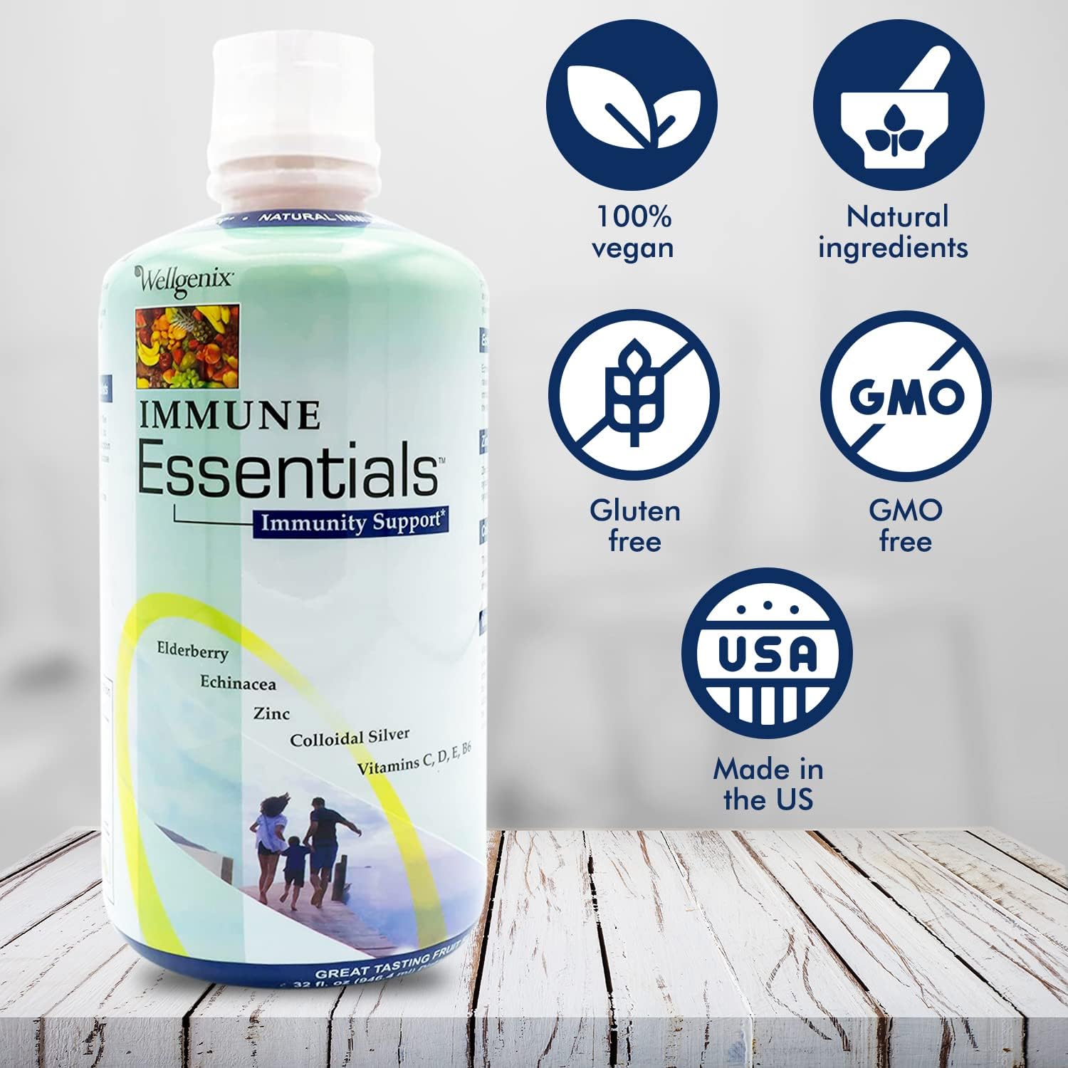 Wellgenix Immune Essentials Complemento Líquido – Saúco, Equinácea, Zinc y Vitamina C – Sabor a Fruta – 946 ml