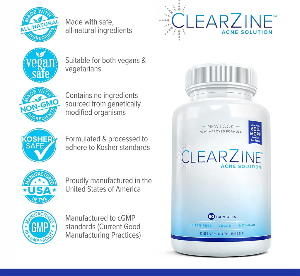 ClearZine Pastillas para el Acné para Adolescentes y Adultos, 90 Cápsulas - Complemento Alimenticio Vegano