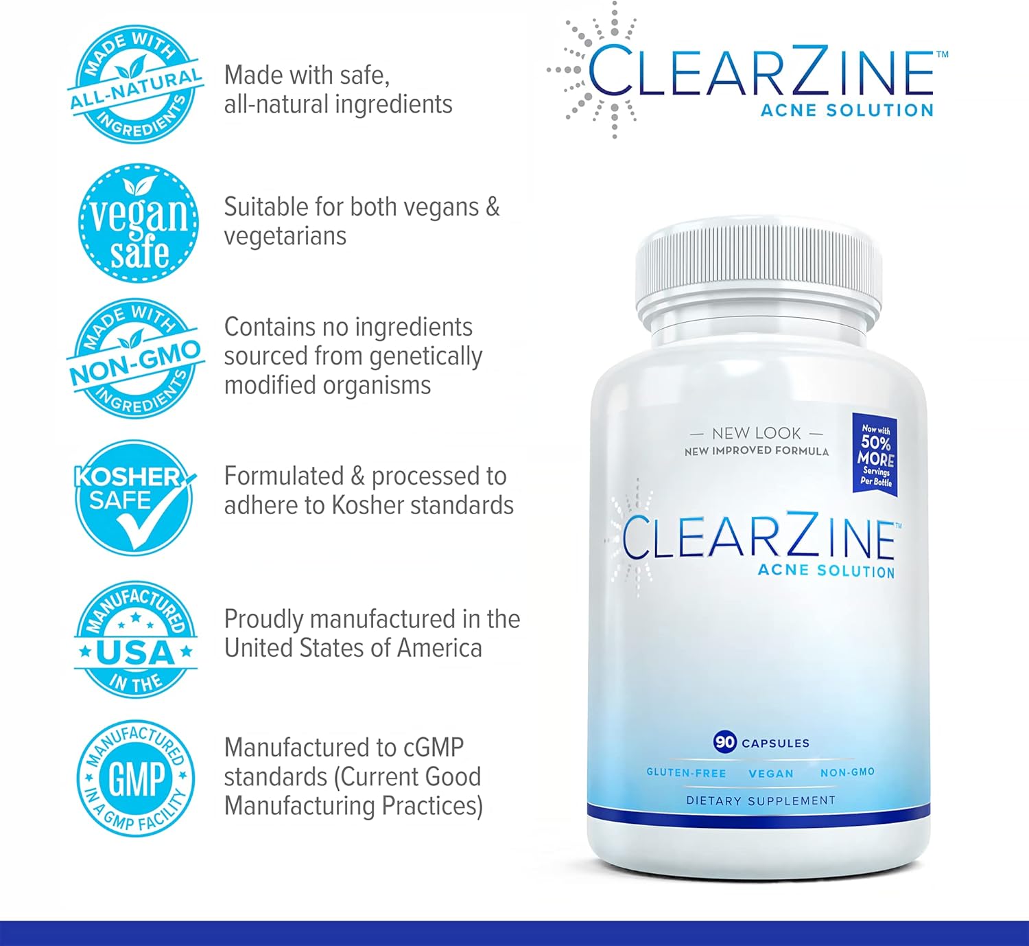 ClearZine Pastillas para el Acné para Adolescentes y Adultos, 90 Cápsulas - Complemento Alimenticio Vegano
