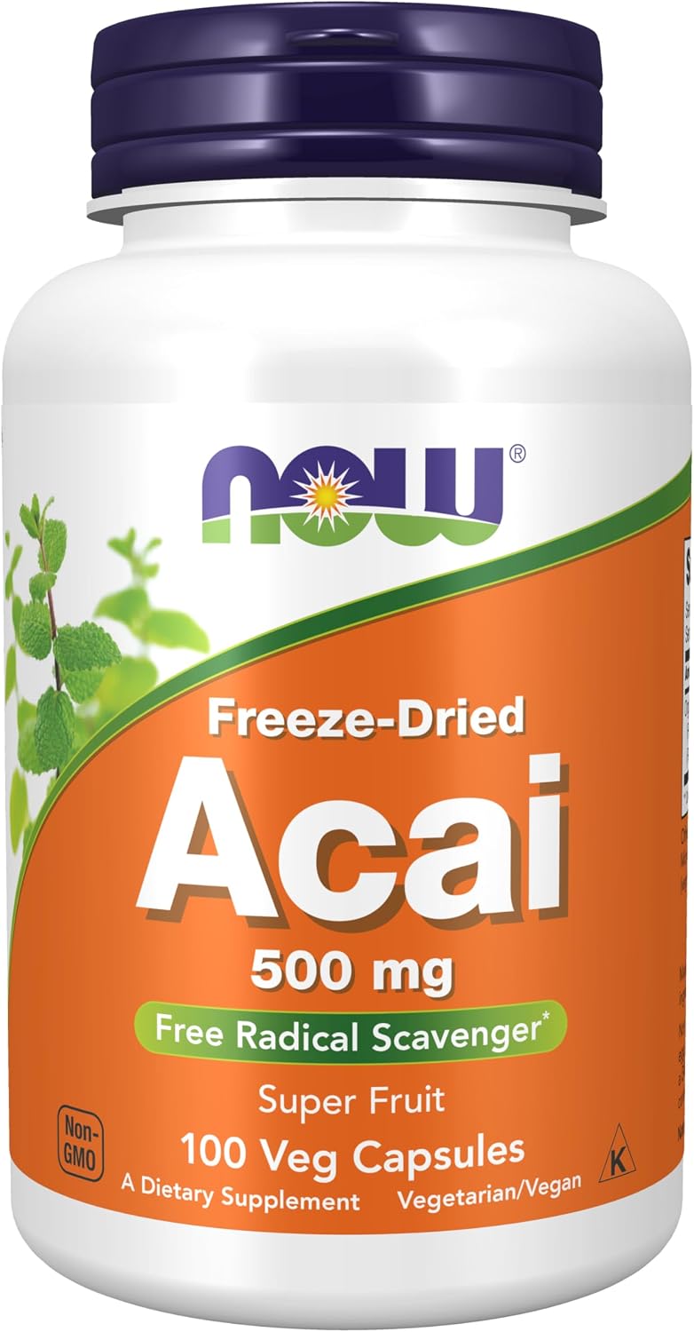 NOW Foods, Acai 500 mg, Superfruta liofilizada con polifenoles, 100 cápsulas vegetales