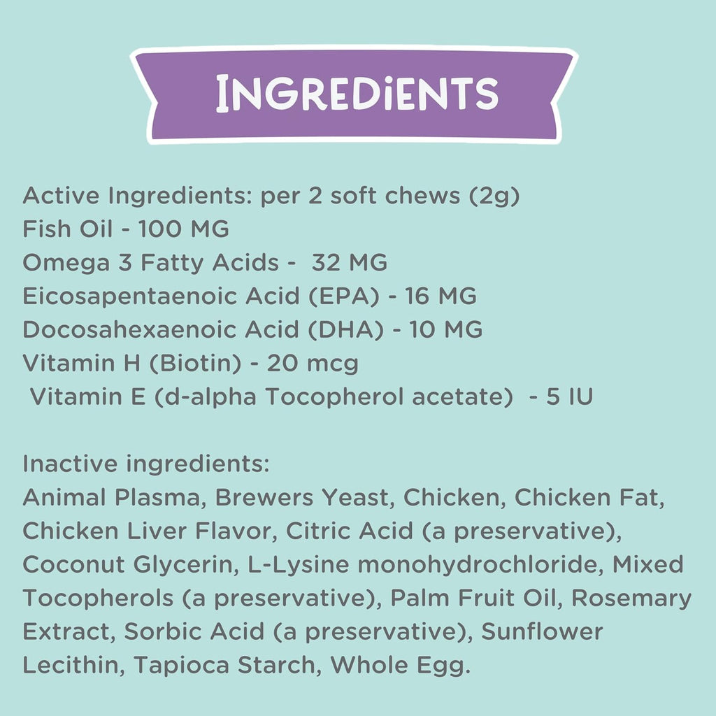 Skin and Coat Supplement for Cats - 90 Tasty Soft Chews - Omega 3 Fish Oil, Biotin, Vitamin E Supports Skin & Fur Health - 3.2 oz