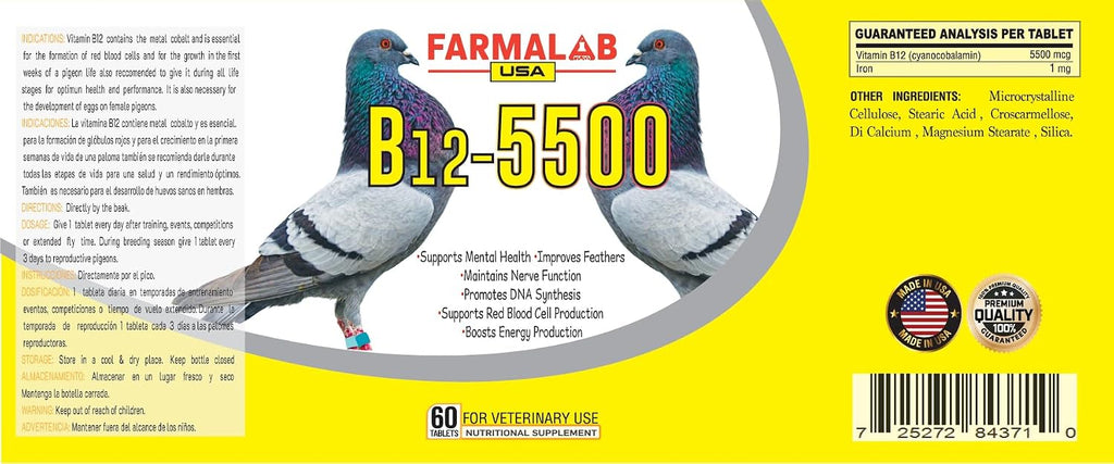 B12-5500 para Palomas - Complemento de Vitamina B12 y Hierro - 60 Comprimidos