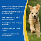 Doc Roy’s Healthy Bones Suplemento de Calcio y Fósforo para Cachorros, Perros, Gatos y Hembras Lactantes – 100 Comprimidos Masticables Sabor Roast Beef e Hígado