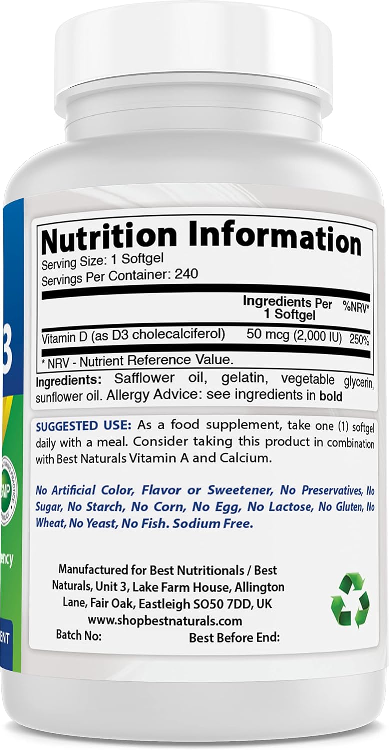 Best Naturals Vitamina D3 2000 UI, 240 Cápsulas Blandas