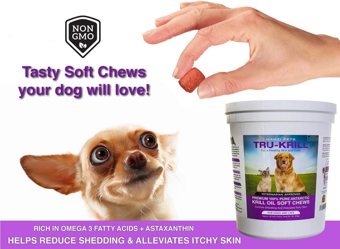 Premium Antarctic Krill Oil Chews for Dogs | Omega 3, Astaxanthin & Vitamin E | 60 Count