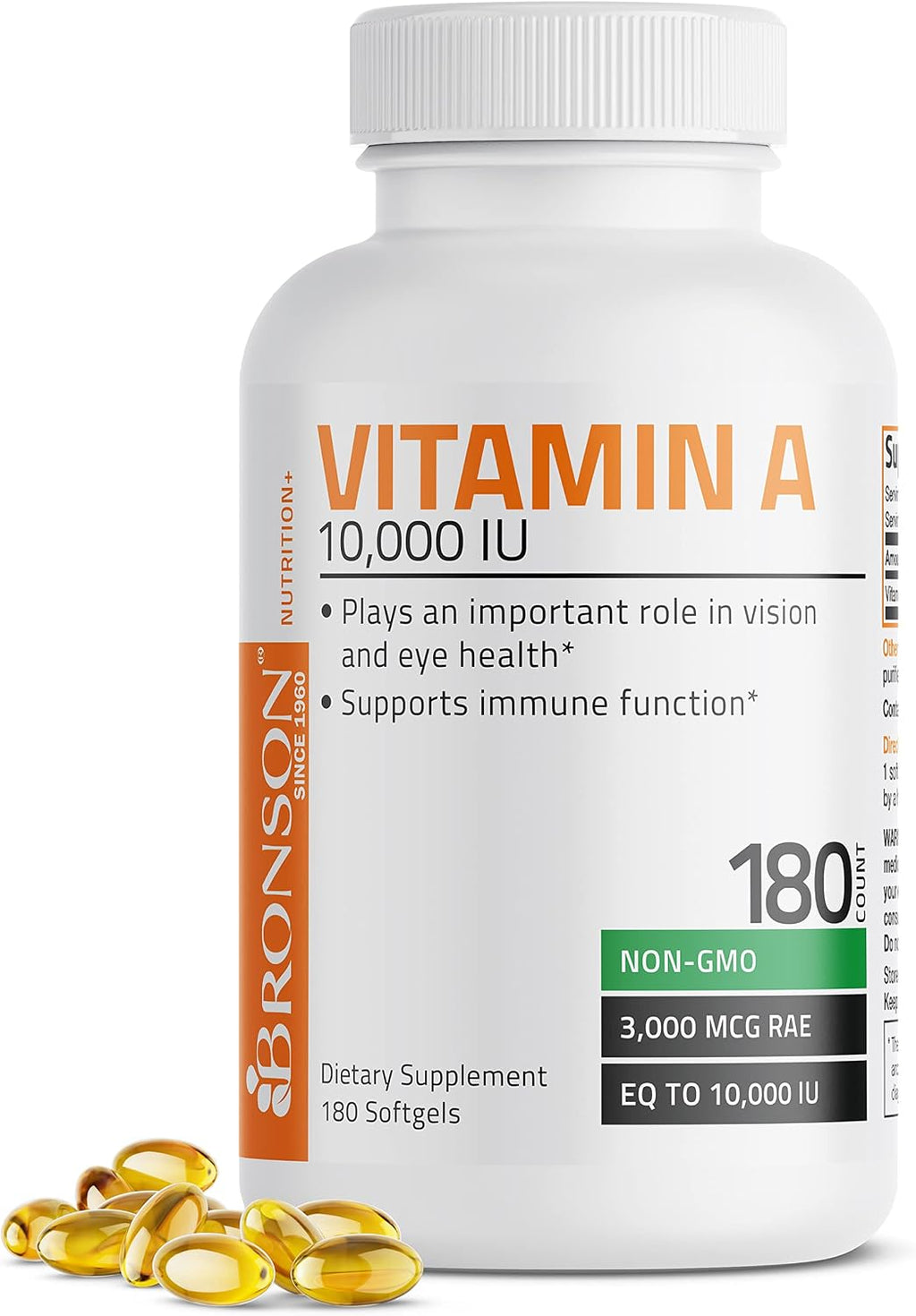 Bronson Vitamina A 10.000 UI - 250 Cápsulas Blandas - Fórmula Premium Sin OGM