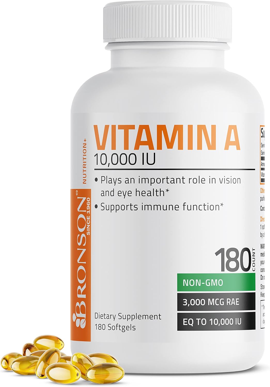 Bronson Vitamina A 10.000 UI - 250 Cápsulas Blandas - Fórmula Premium Sin OGM