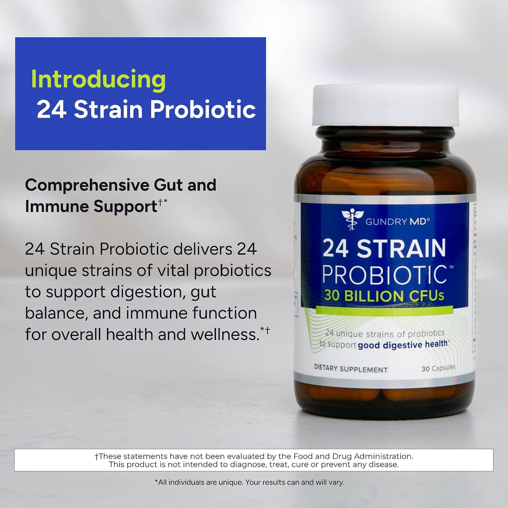 Gundry MD® 24 Strain Probiotic – 30 Billion CFUs para la Salud Intestinal, Digestión y Apoyo Inmunológico, 30 Cápsulas