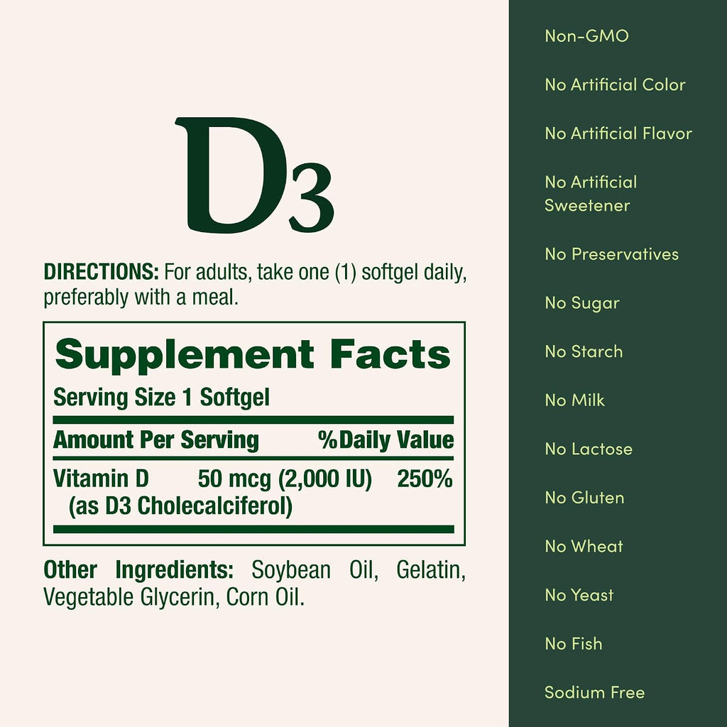 Nature's Bounty Vitamina D3 2000 IU – 240 Cápsulas Blandas de Liberación Rápida