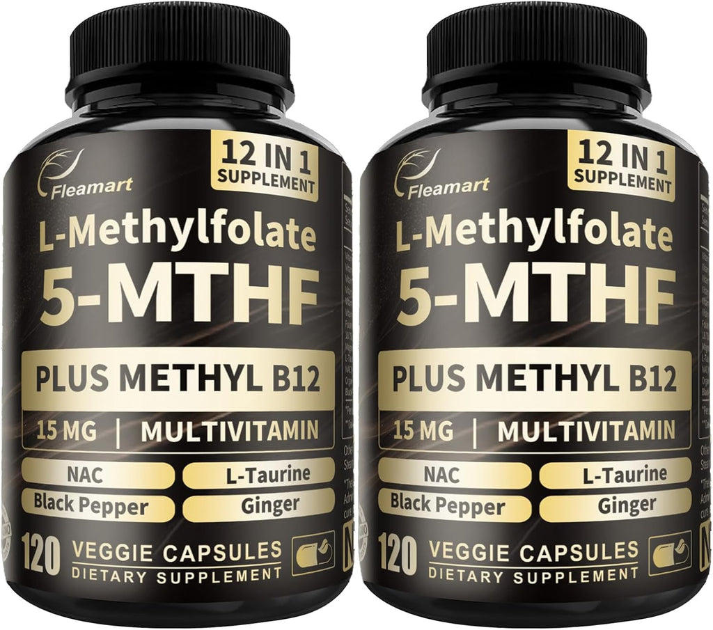 L-Metilfolato 15mg más Metil B12 - Complemento de Vitamina B9 Metilada (5-MTHF) para Salud Cerebral, Estado de Ánimo y Energía - Alta Absorción 12-en-1 - Probado por Terceros (120 Cápsulas Veganas)