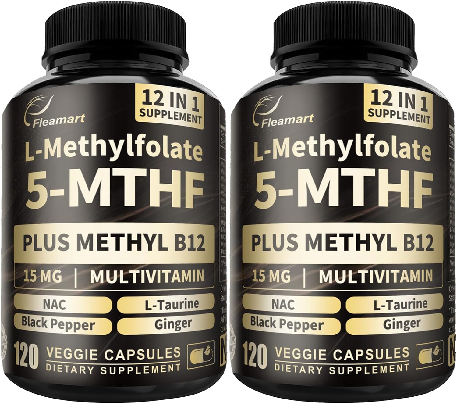 L-Metilfolato 15mg más Metil B12 - Complemento de Vitamina B9 Metilada (5-MTHF) para Salud Cerebral, Estado de Ánimo y Energía - Alta Absorción 12-en-1 - Probado por Terceros (120 Cápsulas Veganas)
