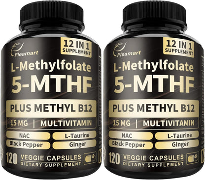 L-Metilfolato 15mg más Metil B12 - Complemento de Vitamina B9 Metilada (5-MTHF) para Salud Cerebral, Estado de Ánimo y Energía - Alta Absorción 12-en-1 - Probado por Terceros (120 Cápsulas Veganas)