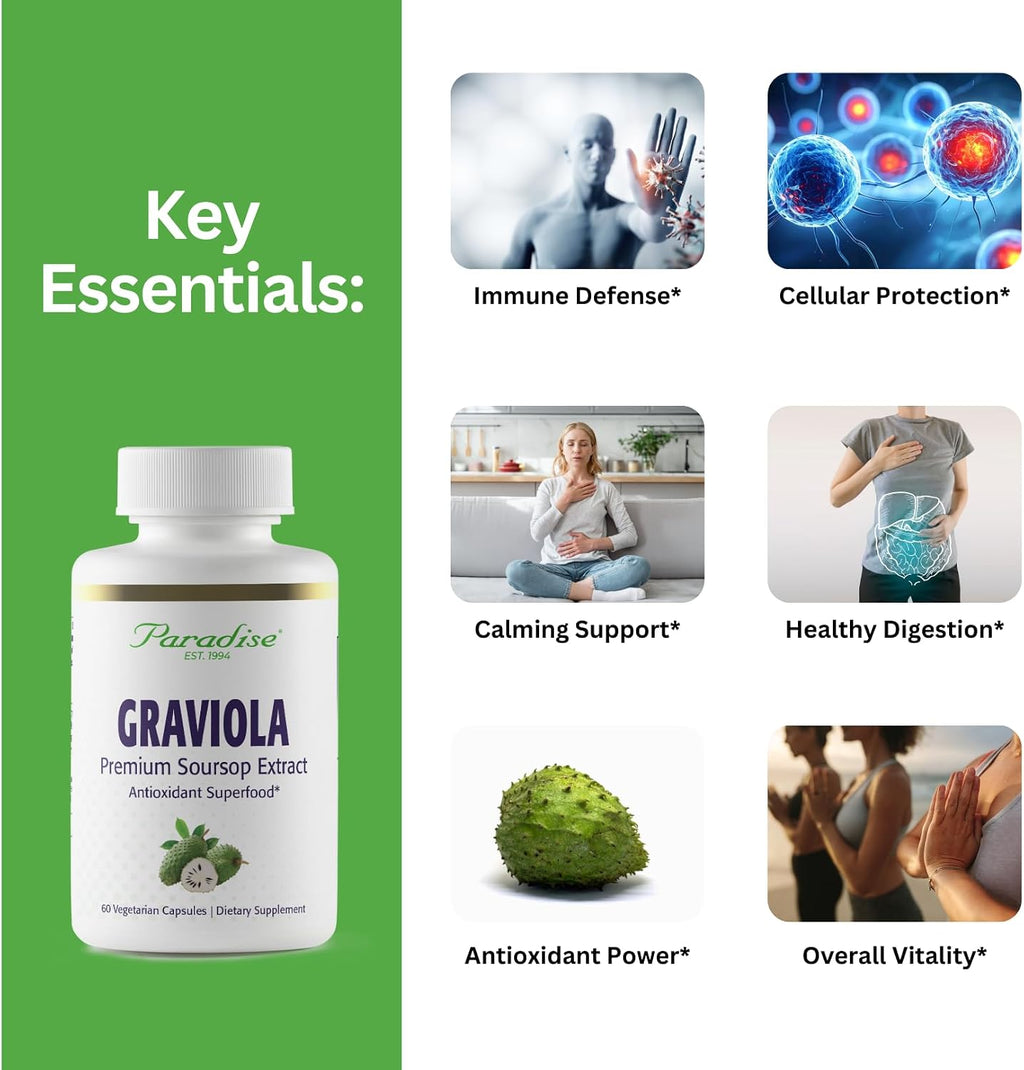 Paradise Herbs Graviola, Extracto de Hoja de Graviola, Superalimento Antioxidante Guanábana, Extracto de Espectro Completo, Ultra Puro, Vegano, No OGM, Sin Gluten, 60 Cápsulas Vegetarianas