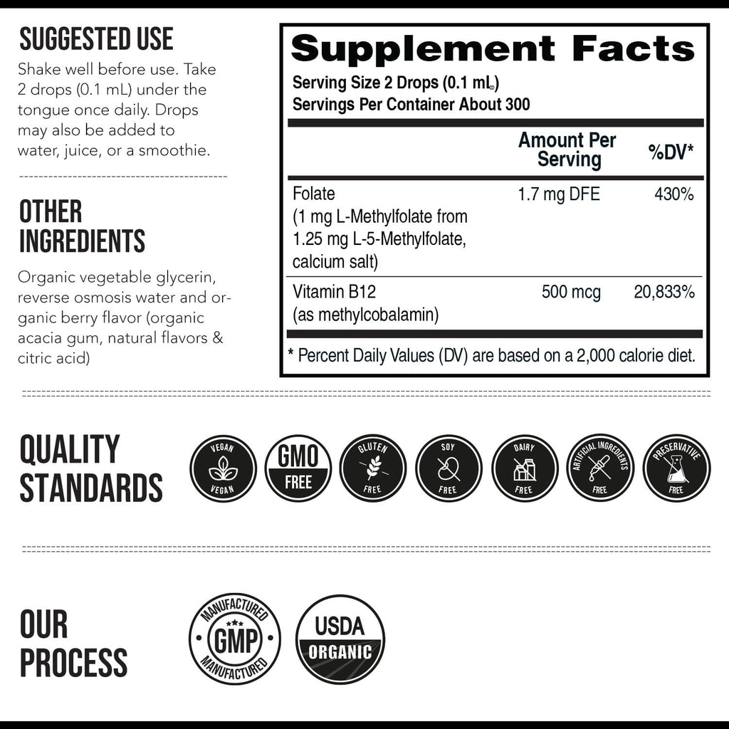 Organic Methyl Folate 1000 mcg + Methyl B12 Cofactor – Metilfolato Activo 5-MTHF, Sabor Baya Orgánica, Líquido Sublingual (1 oz)