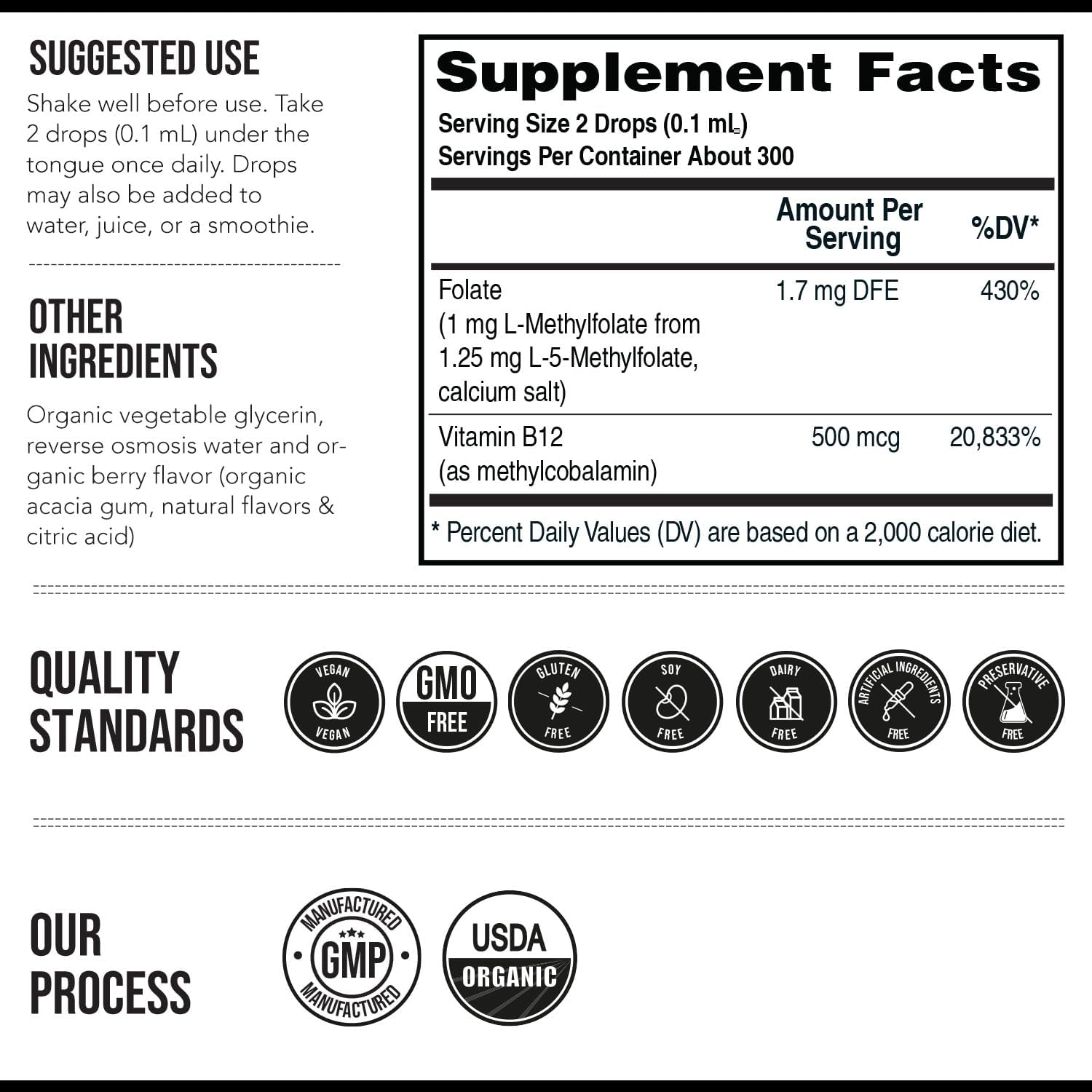Organic Methyl Folate 1000 mcg + Methyl B12 Cofactor – Metilfolato Activo 5-MTHF, Sabor Baya Orgánica, Líquido Sublingual (1 oz)