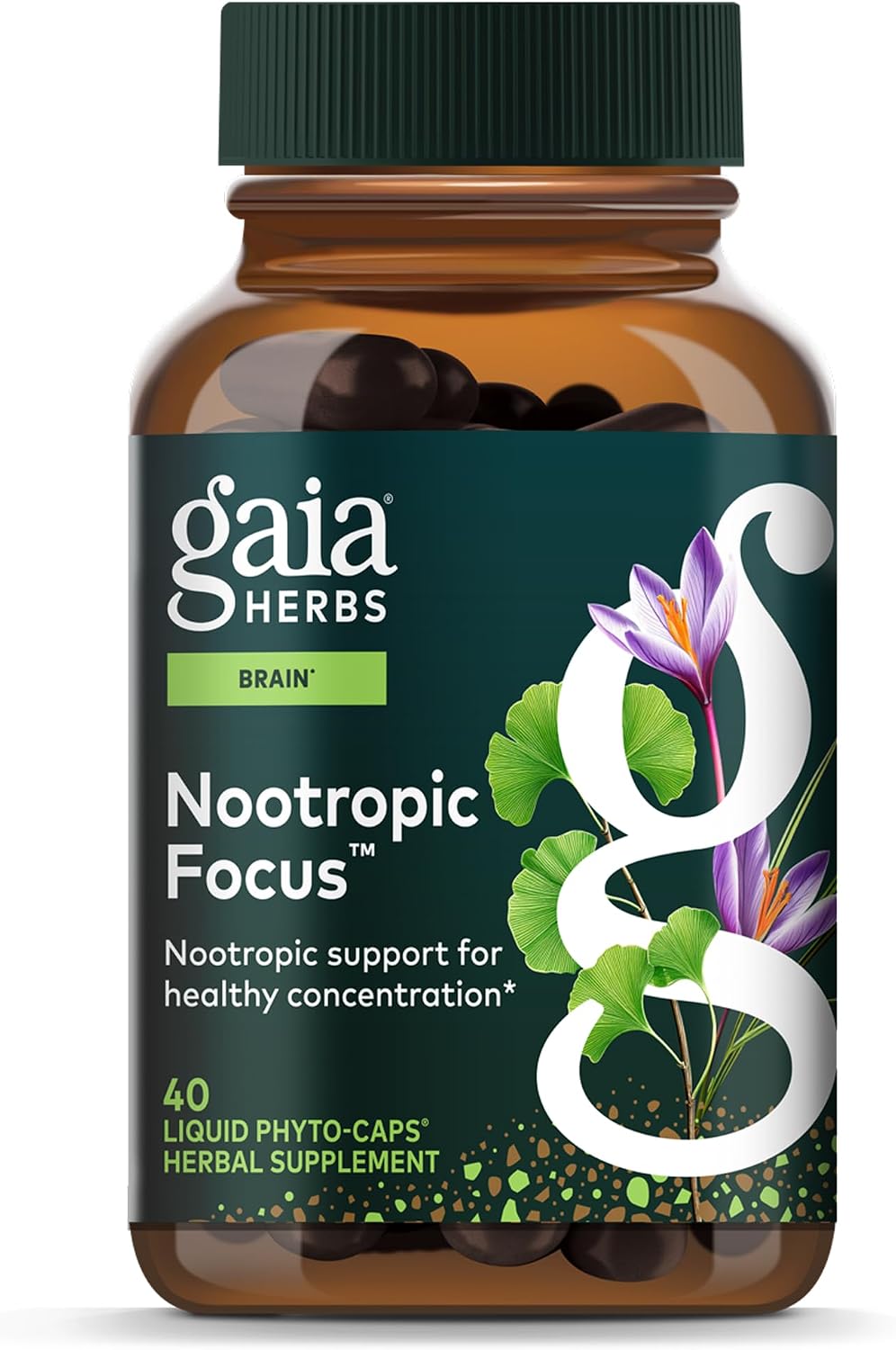 Gaia Herbs Nootropic Focus - Suplemento de concentración con Azafrán, Melisa y Ginkgo - 40 Cápsulas Líquidas