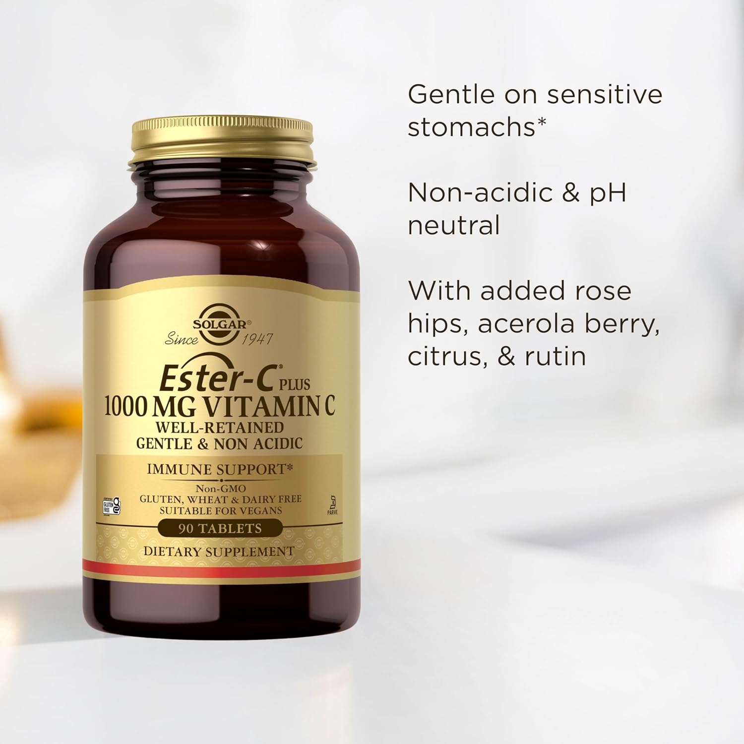Solgar Ester-C Plus 1000 mg Vitamina C, 90 Comprimidos - Suave para el Estómago, No Ácido, Antioxidante y Apoyo Inmunológico - Sin Gluten, Vegano, Kosher