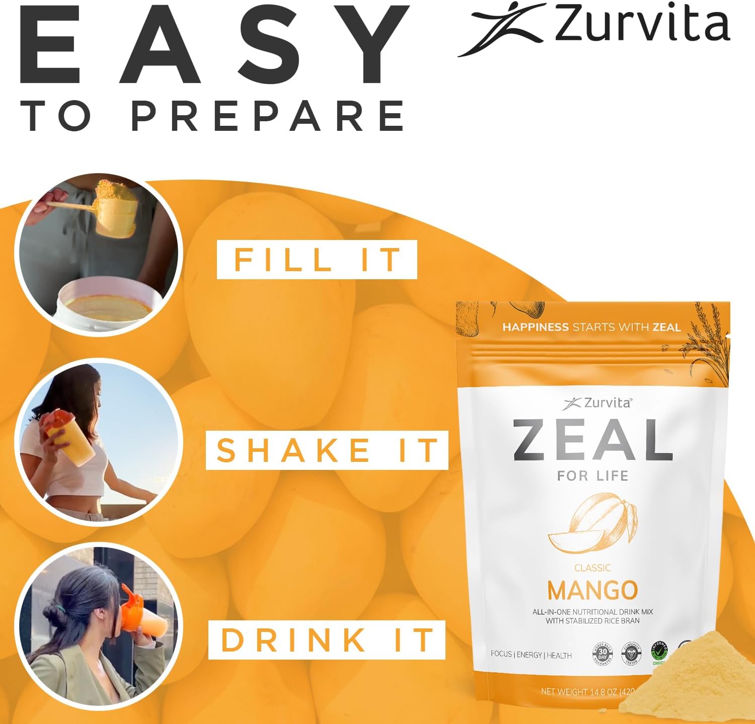 Zurvita Zeal for Life Wellness Drink Mix - Sabor Mango - Sin Gluten, Vegano, con Biotina, Vitaminas B12, C, D, E, Hierro, Magnesio - 30 Porciones (420g)