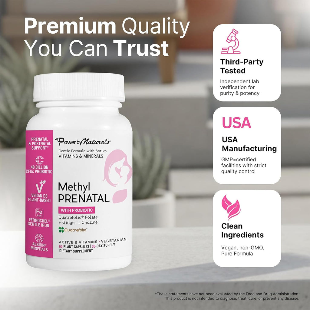 Power By Naturals Methyl Prenatal con Probióticos – Vitaminas prenatales con hierro, metilfolato, B12 y 28 nutrientes y botánicos – Vegano, sin gluten – 60 cápsulas (1 mes)