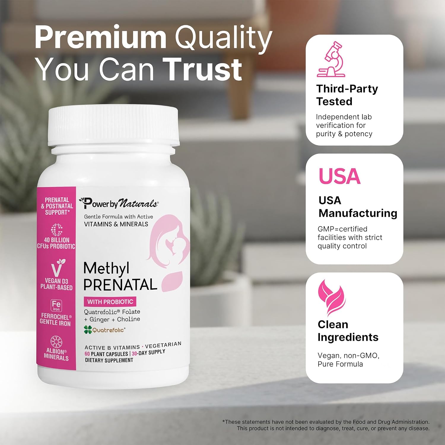 Power By Naturals Methyl Prenatal con Probióticos – Vitaminas prenatales con hierro, metilfolato, B12 y 28 nutrientes y botánicos – Vegano, sin gluten – 60 cápsulas (1 mes)