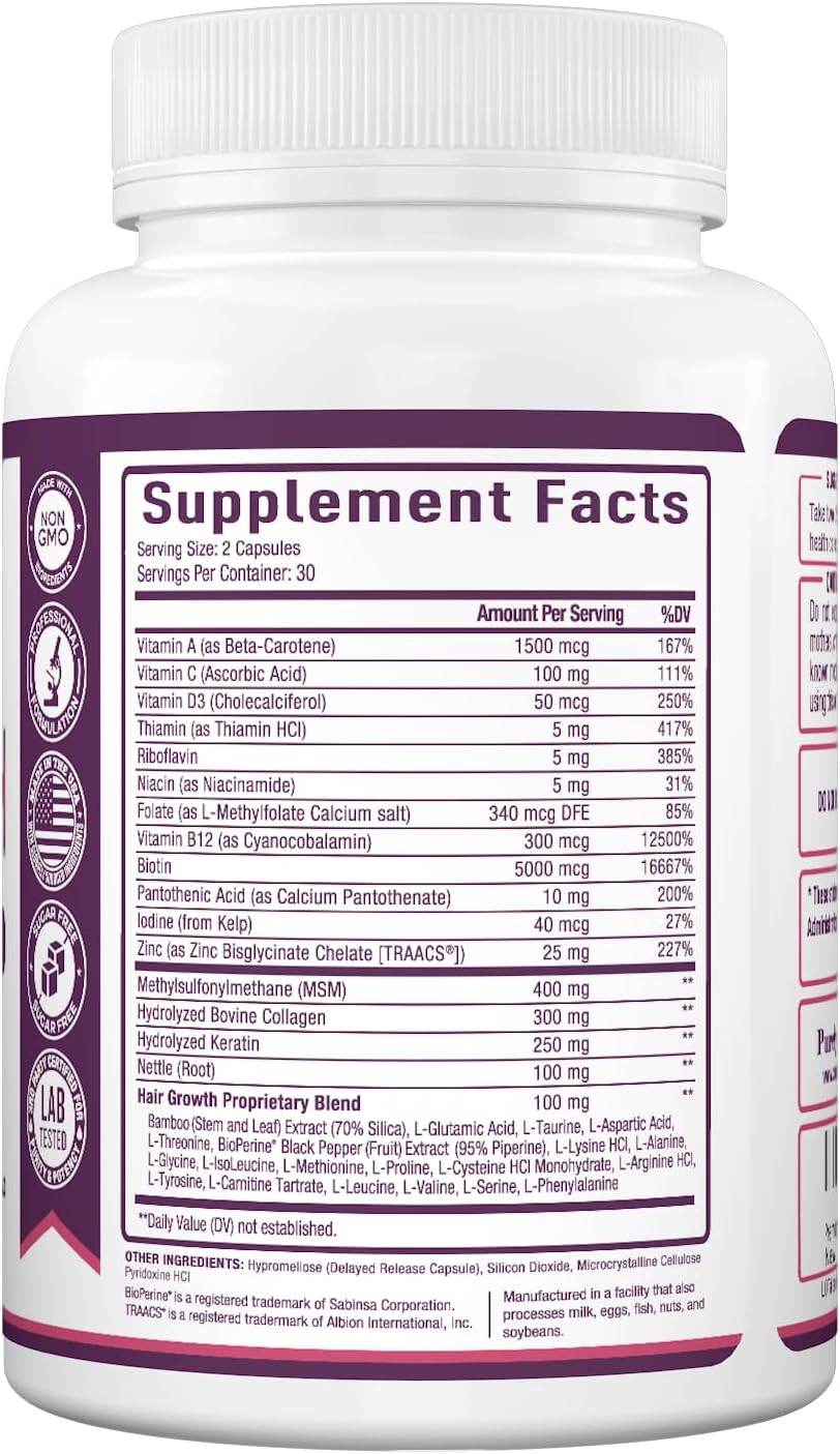 Vitaminas para el Crecimiento del Cabello Purely Optimal – Biotina, Colágeno, Queratina – 60 Cápsulas