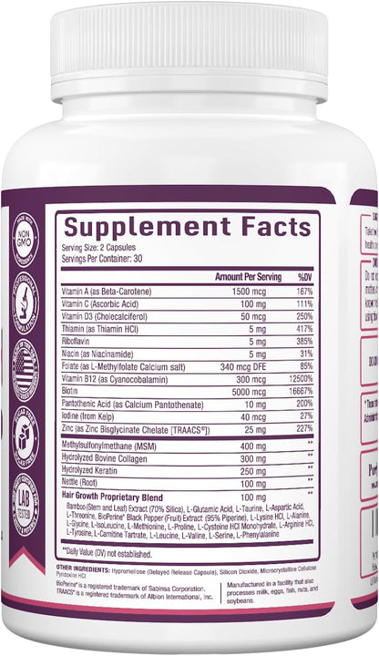 Vitaminas para el Crecimiento del Cabello Purely Optimal – Biotina, Colágeno, Queratina – 60 Cápsulas – Image 6