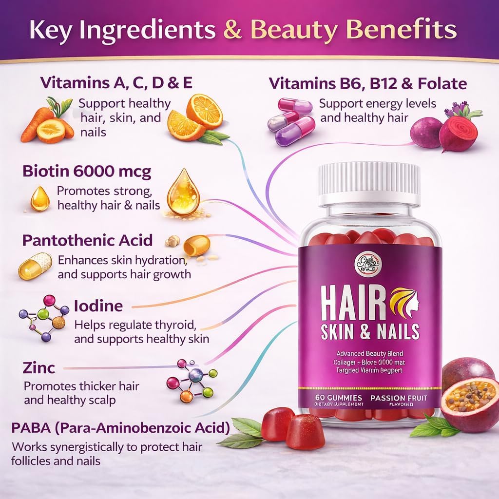 Grab The Gold Vitaminas para Cabello, Piel y Uñas | Gominolas con Biotina 6000 mcg y Colágeno | Sabor Maracuyá | Sin Gluten, No-GMO
