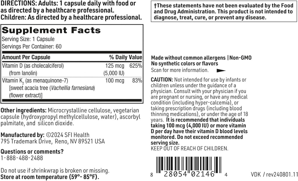 SFI Health Vitamina D Plus K - D3 5000 UI y K2 100 mcg, 60 Cápsulas