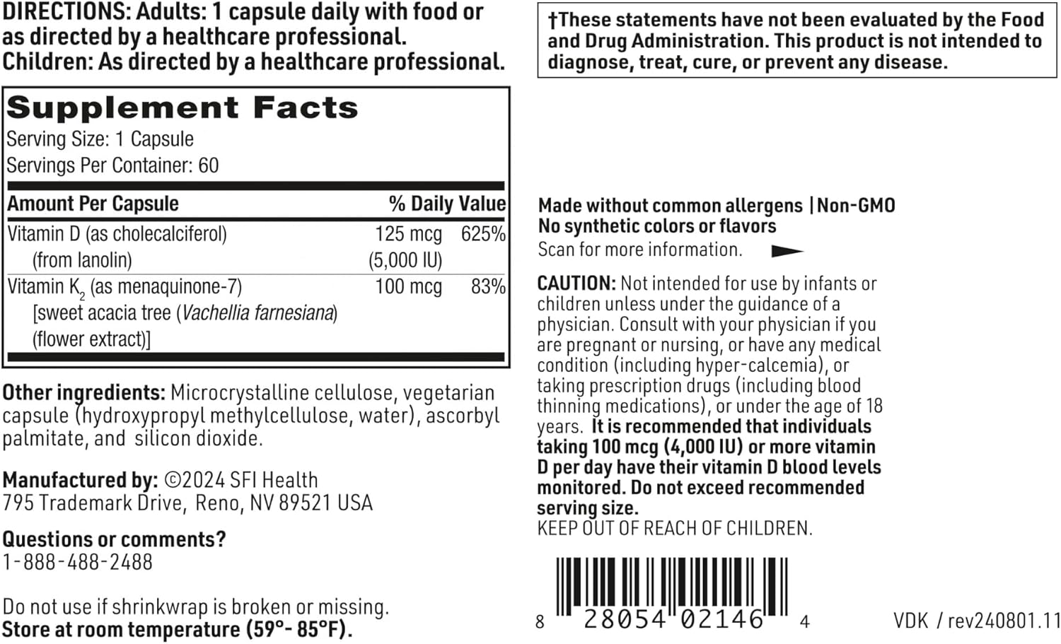SFI Health Vitamina D Plus K - D3 5000 UI y K2 100 mcg, 60 Cápsulas