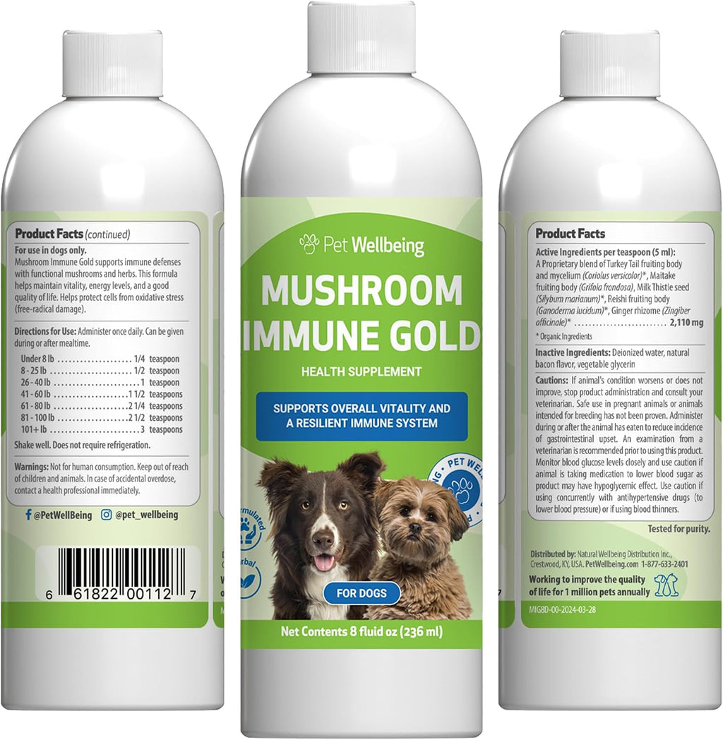 Pet Wellbeing Mushroom Immune Gold para Perros - Apoyo Inmunológico Complementario con Hongos Funcionales Reishi, Maitake y Cola de Pavo - Certificado NASC y Formulado por Veterinarios - 236 ml Fórmula Líquida