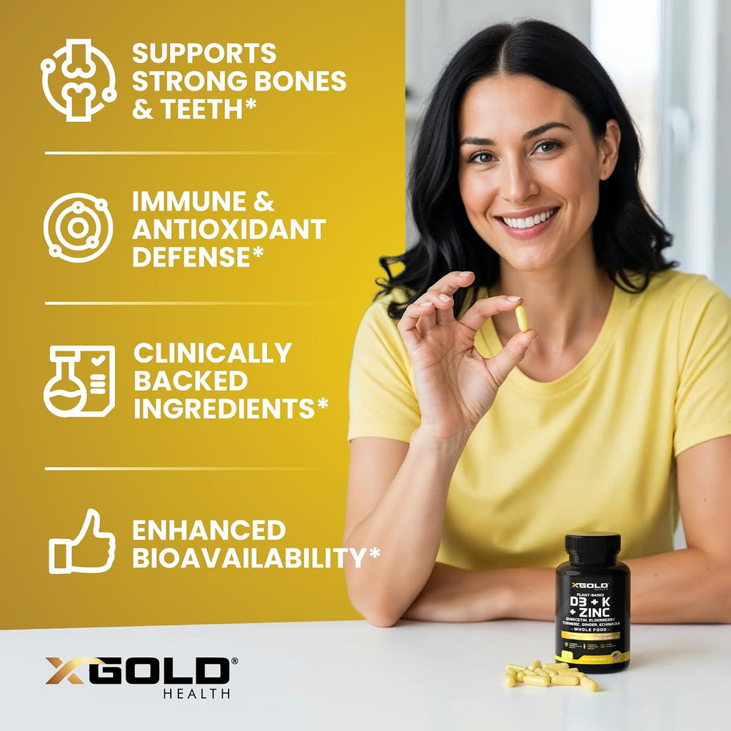 X Gold Health Complejo 8 en 1 con Vitamina D3, K2, K1, Zinc, Quercetina, Saúco, Cúrcuma, Jengibre y Equinácea - 120 Cápsulas Veganas