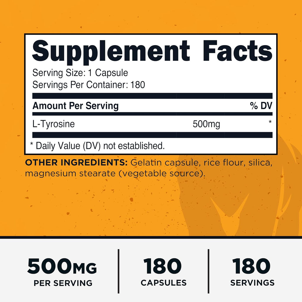 Primal L-Tyrosine Cápsulas (180 Cápsulas / 500 mg por Porción) | Suplemento de Aminoácido Tirosina