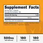 Primal L-Tyrosine Cápsulas (180 Cápsulas / 500 mg por Porción) | Suplemento de Aminoácido Tirosina