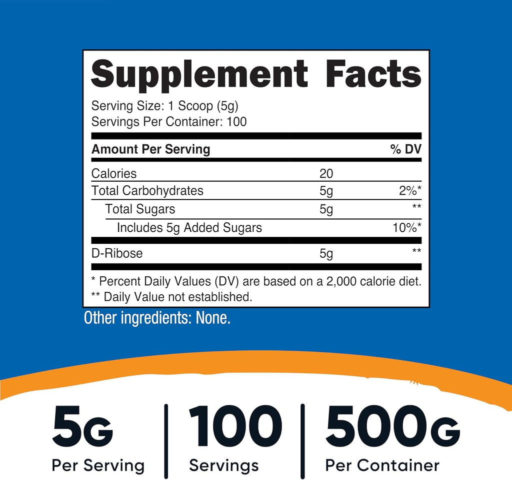 Nutricost D-Ribosa en Polvo - 500 g (5000 mg por Ración)
