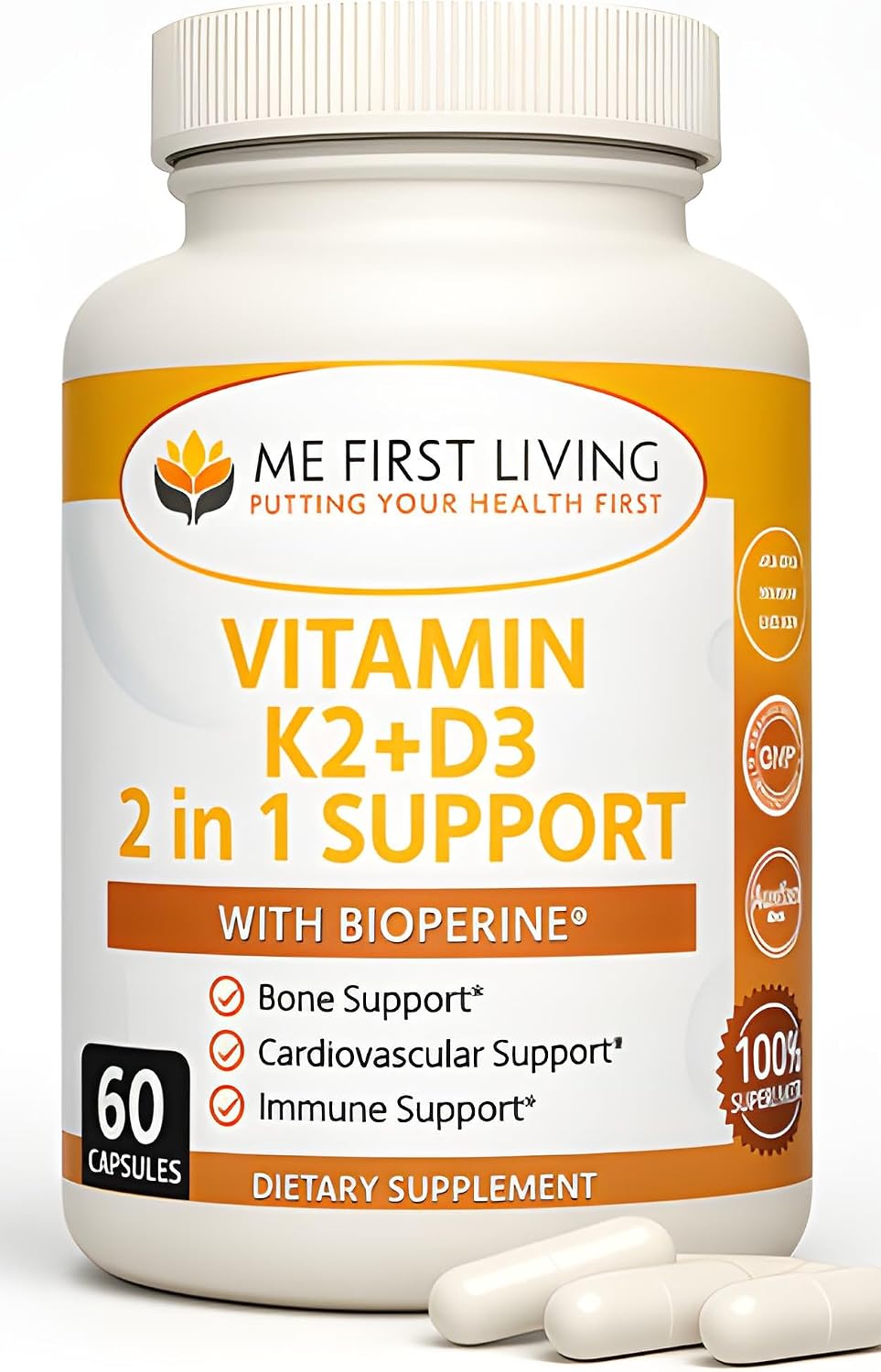 Me First Living Vitamina D3 + K2 MK-7, 125 mcg D3 y 100 mcg K2, con Calcio y BioPerine, Cápsulas Vegetales