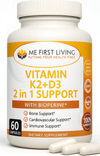 Me First Living Vitamina D3 + K2 MK-7, 125 mcg D3 y 100 mcg K2, con Calcio y BioPerine, Cápsulas Vegetales