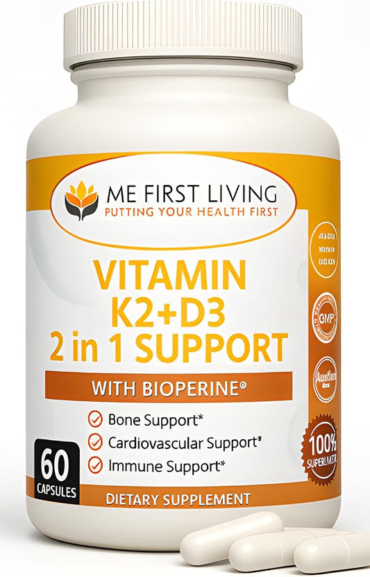 Me First Living Vitamina D3 + K2 MK-7, 125 mcg D3 y 100 mcg K2, con Calcio y BioPerine, Cápsulas Vegetales