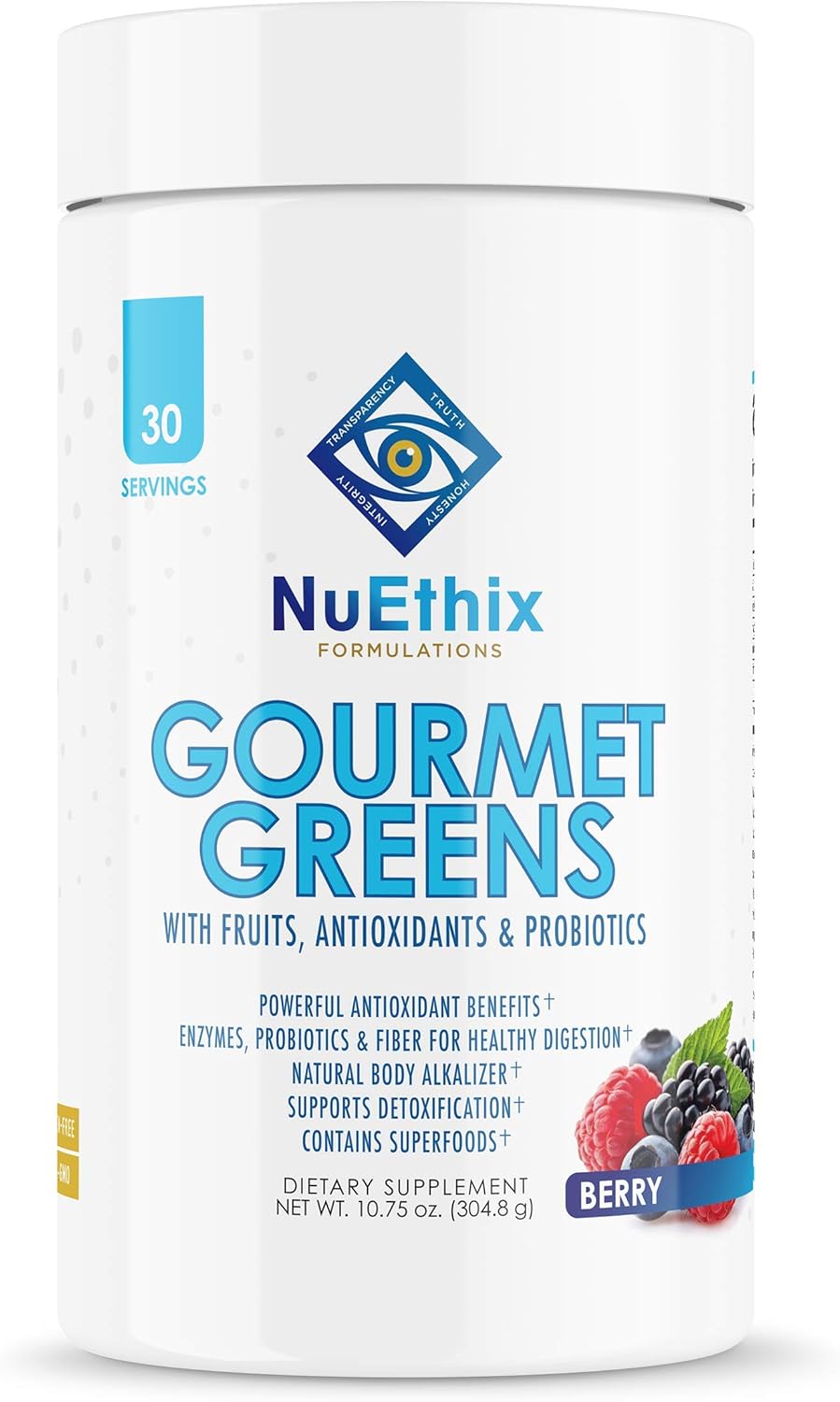 NuEthix Formulations Gourmet Greens Drink Powder – Suplemento en polvo con superalimentos, probióticos y enzimas – Sabor Berry – 30 porciones