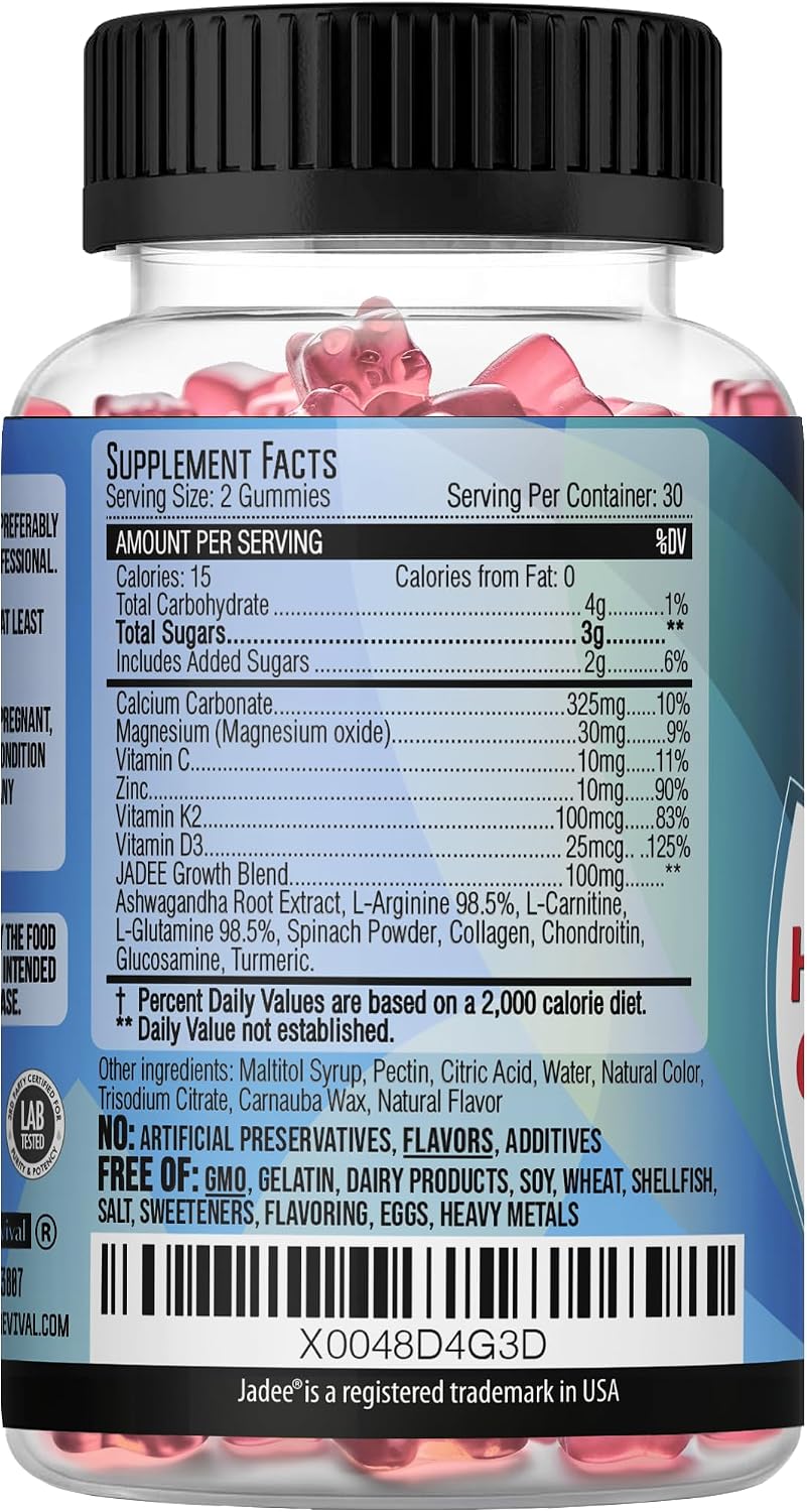 Jadee Gominolas de Crecimiento para Adolescentes y Niños - Calcio 325mg, Vitaminas D3, K2, C, Magnesio, Ashwagandha, Zinc, L-Arginina
