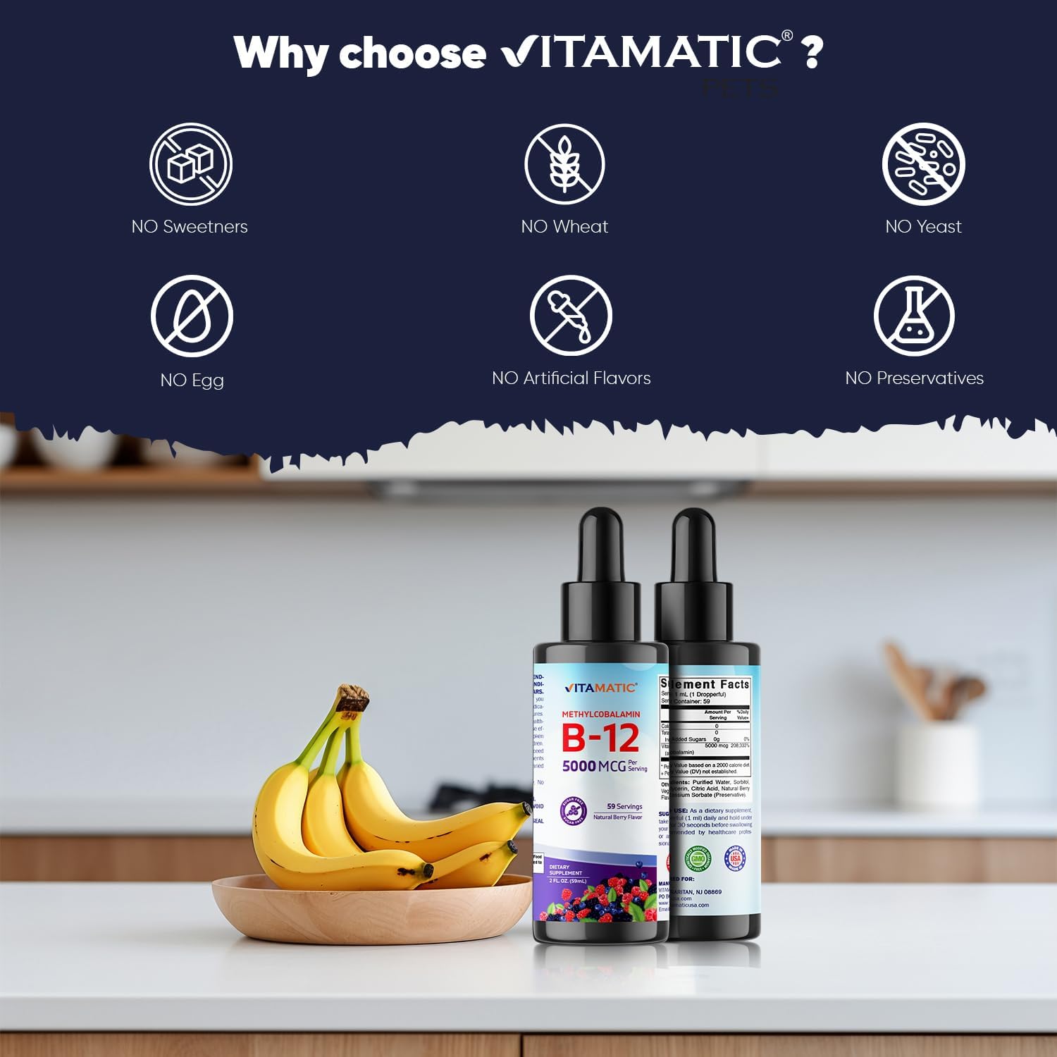 Vitamatic Vitamina B12 Líquida 5000 mcg Metilcobalamina, Sabor Natural a Bayas, Pack de 2