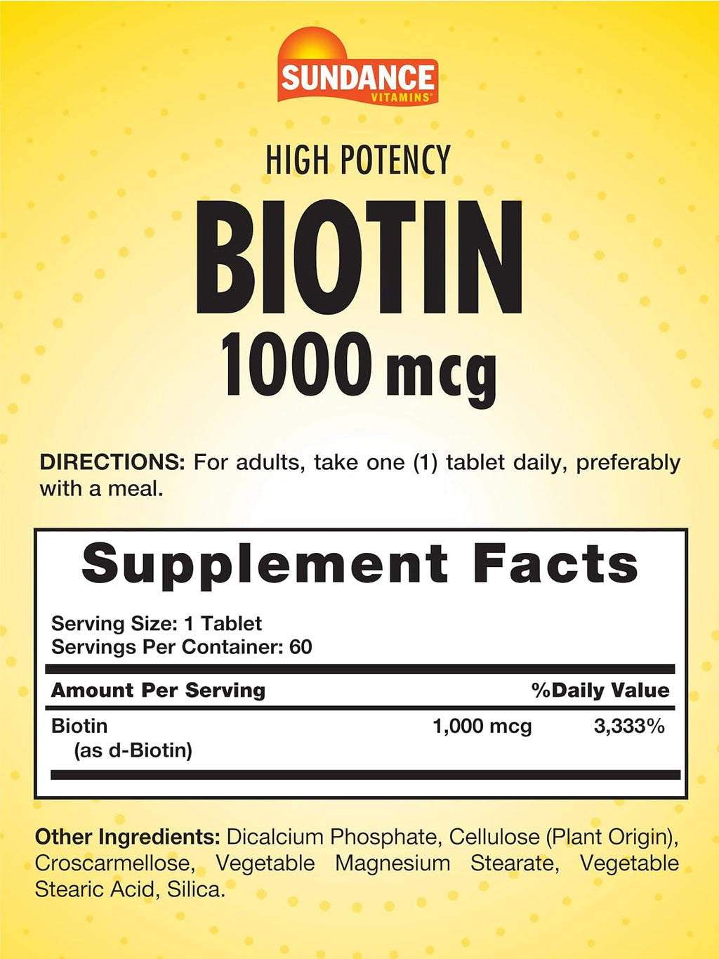 Sundance High Potency Biotin 1000 mcg - Essential B Vitamin Supplement - Vegetarian, Non-GMO & Gluten-Free Tablets
