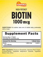 Sundance High Potency Biotin 1000 mcg - Essential B Vitamin Supplement - Vegetarian, Non-GMO & Gluten-Free Tablets