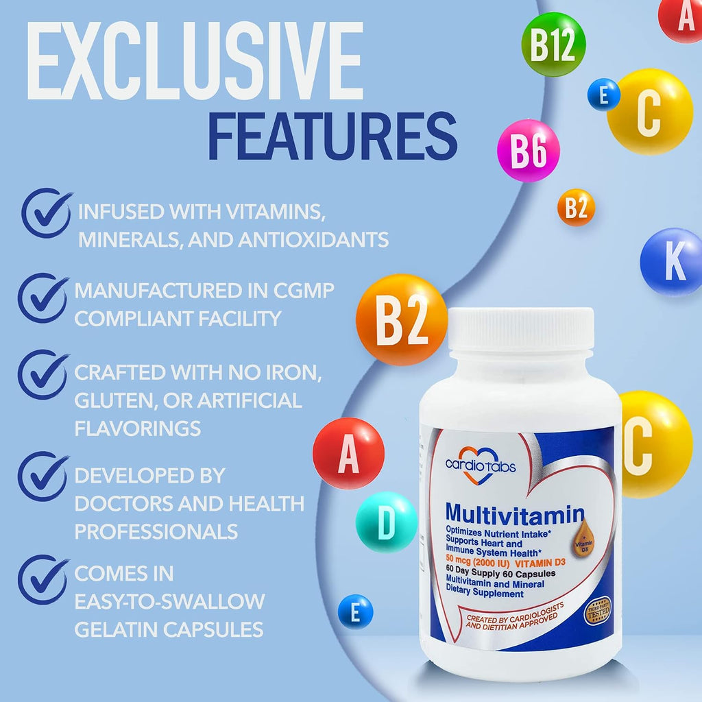 CardioTabs Multivitamínico - Complejo de Vitaminas y Minerales con CoQ10, Luteína y Licopeno, 60 Cápsulas