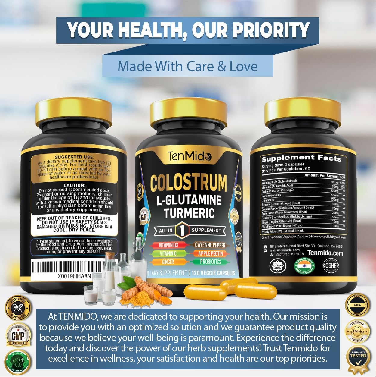 Suplemento de Calostro 10 en 1 con L-Glutamina, Cúrcuma y Probióticos - 120 Cápsulas