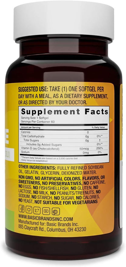 Basic Brands Happy Sunshine Vitamin D3 2000 IU, Sin Gluten | 60 Softgels