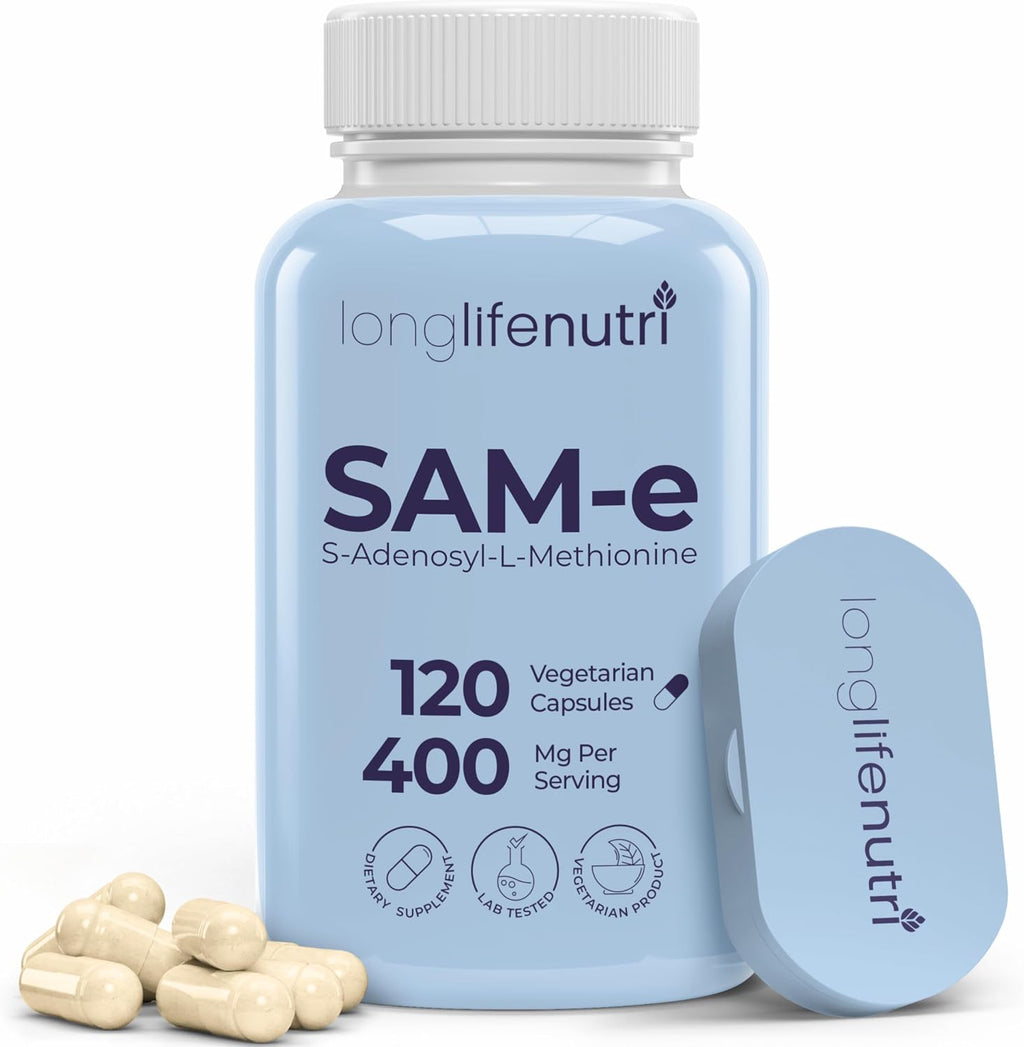 LongLifeNutri SAM-e 400 mg – 120 Cápsulas Vegetales, S-Adenosilmetionina Metilada para la Movilidad Articular, Suministro de 2 Meses, Sin Rellenos, Certificado GMP, Fabricado en EE. UU.