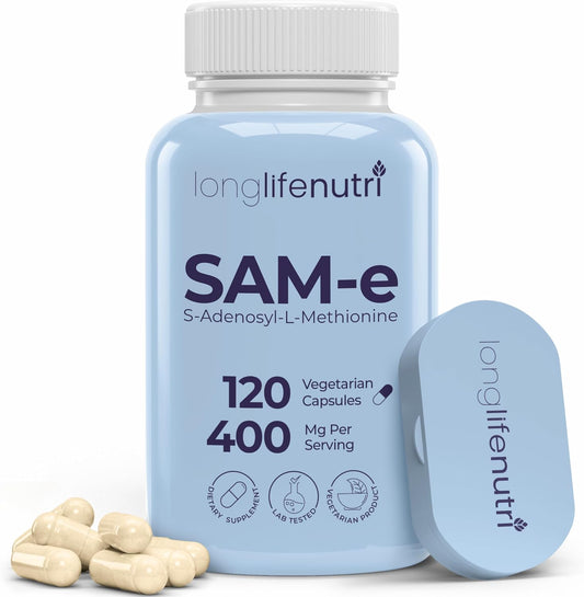 LongLifeNutri SAM-e 400 mg – 120 Cápsulas Vegetales, S-Adenosilmetionina Metilada para la Movilidad Articular, Suministro de 2 Meses, Sin Rellenos, Certificado GMP, Fabricado en EE. UU.